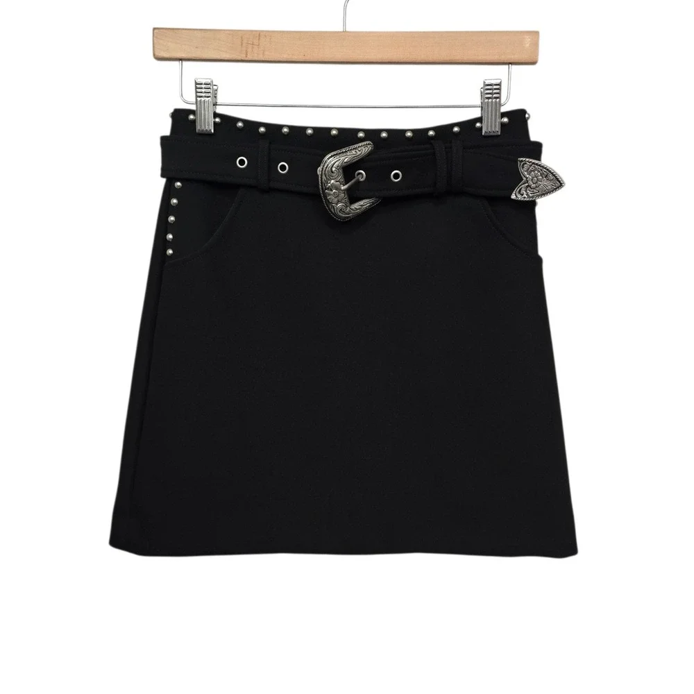 NWT Avec Les Filles Black Studded Western Mini Skirt Belted Size 0 Anthropologie